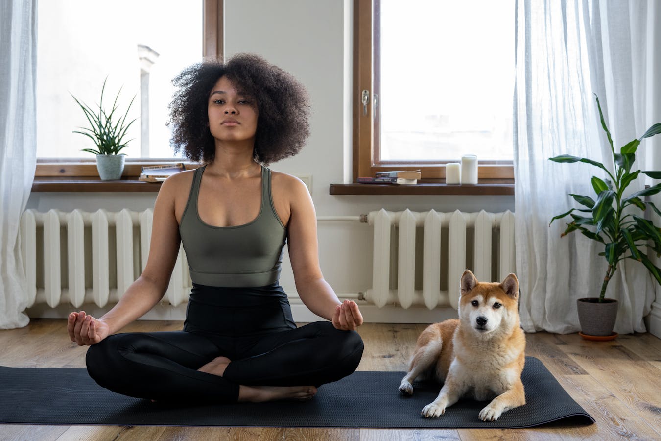 Woman meditating at home with her dog for calm and stress relief